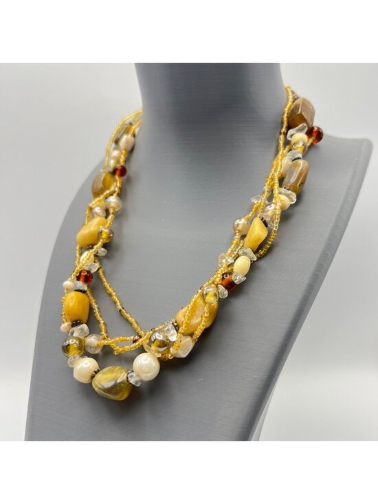 Jewelry - Multi Strand Quartz Glass Bead Necklace  Honey Amber Brown Cream 17-20.25" Boho